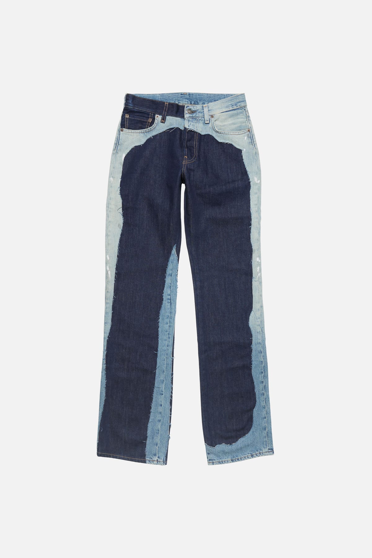 The Acne Studios Hussein Chalayan Patchwork Jeans laid flat: straight-leg jeans in dark rinse denim, with raw-edged panels of pale washed denim around the pockets, down the outside of each leg and at the hems