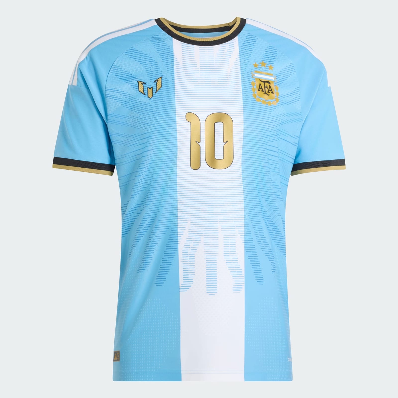 The adidas Argentina Messi 10 26 Authentic Jersey laid flat: sky blue with a white centre stripe, a gold 10, the gold M logo and the three-star crest, and black cuffs and collar with gold trim