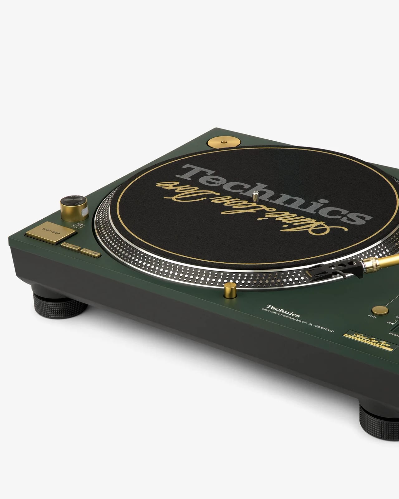 The SL-1200M7ALD at an angle, showing its gold start-stop button, speed buttons and the strobe dots around the platter
