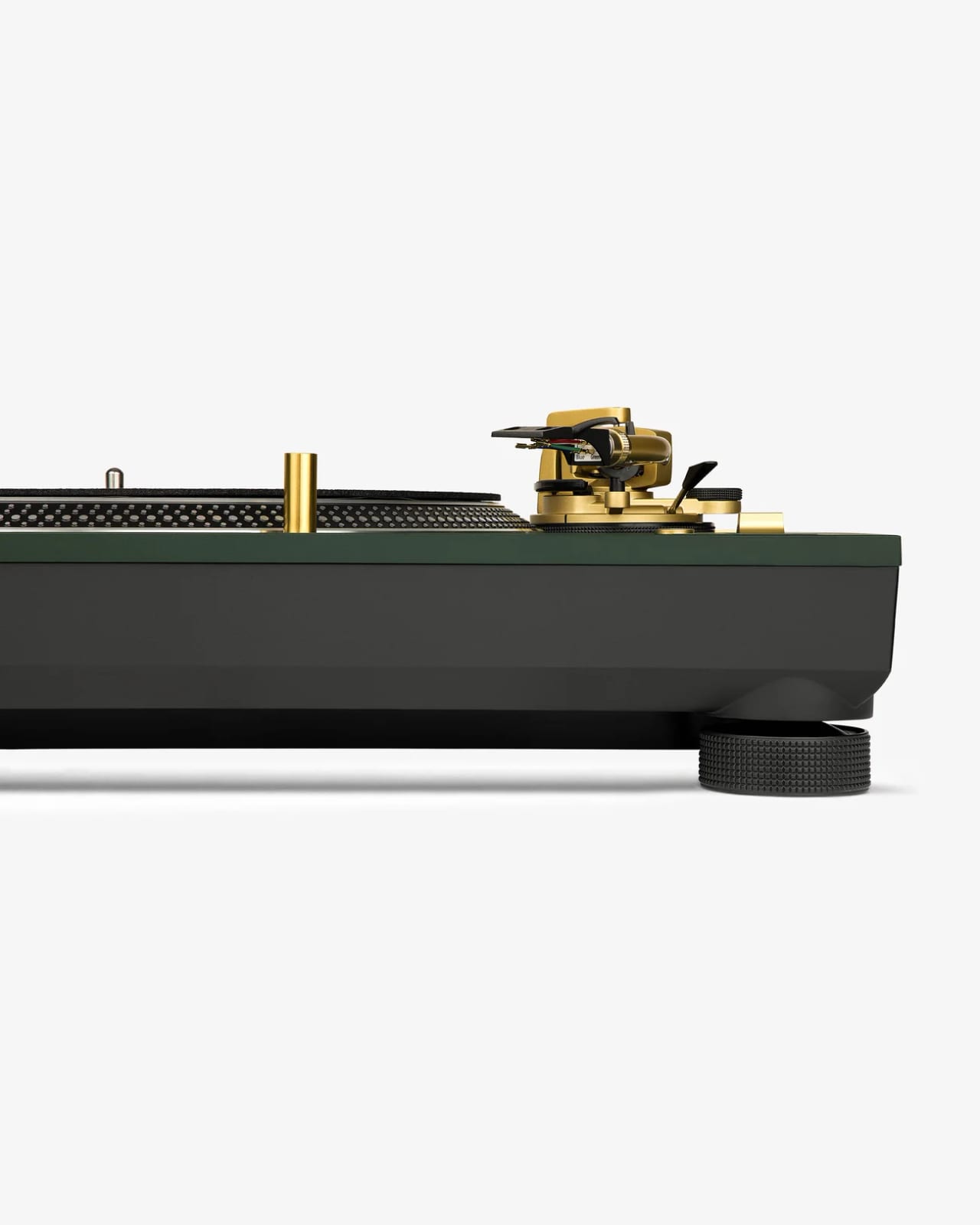 The SL-1200M7ALD side-on: a green top plate over a black base, with the gold tonearm and headshell