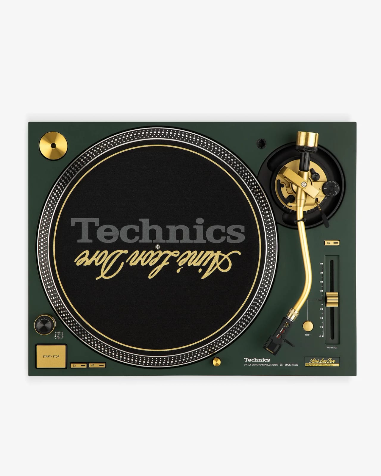 The Aimé Leon Dore x Technics SL-1200M7ALD from above: a Mulberry Green deck with a gold tonearm and controls, and a slipmat printed with Technics and Aimé Leon Dore script