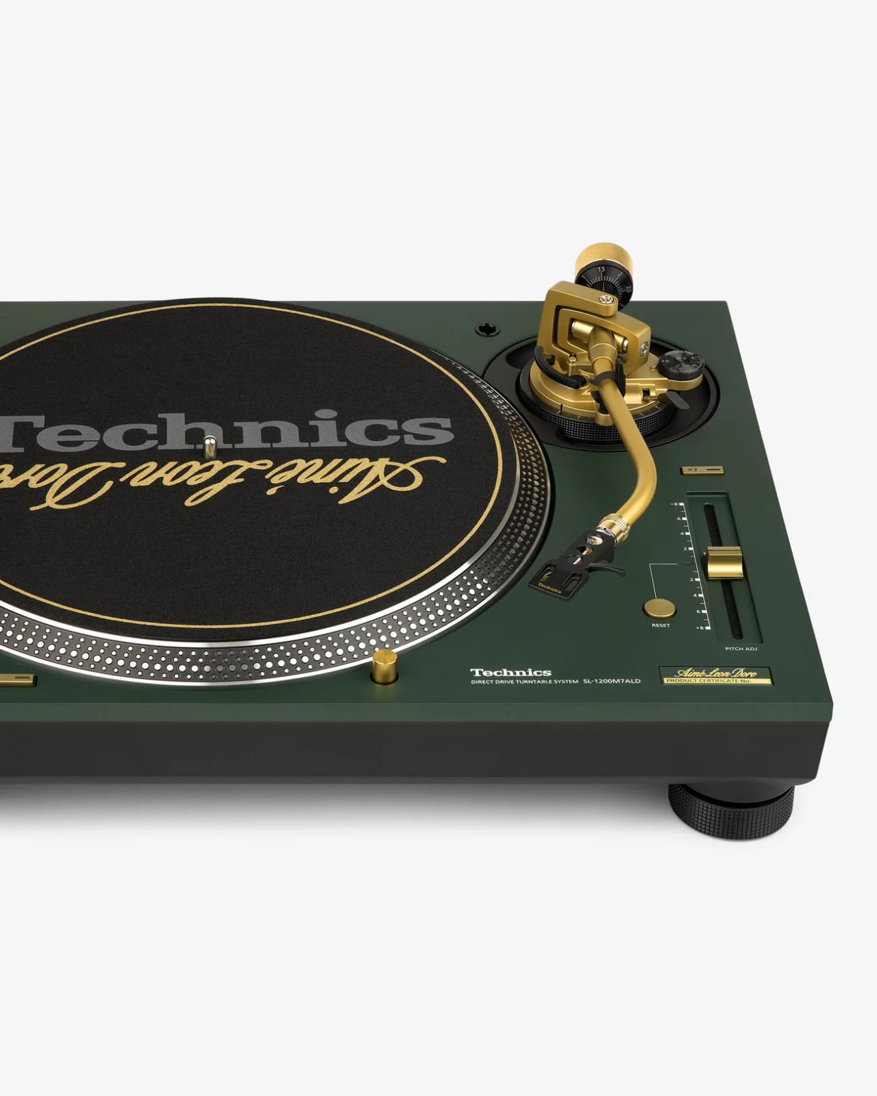Close-up of the SL-1200M7ALD's gold tonearm, pitch slider and reset button