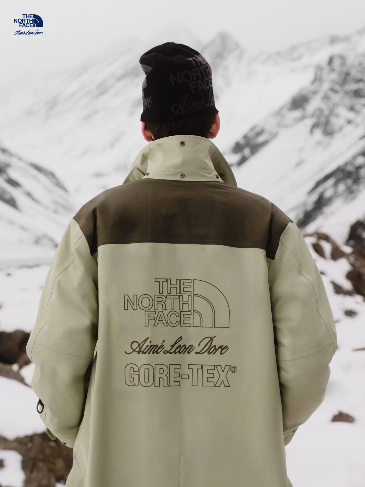 The back of the pale green GORE-TEX Trench Coat, with a brown yoke and The North Face, Aimé Leon Dore and GORE-TEX logos across the back, worn with a black knit beanie