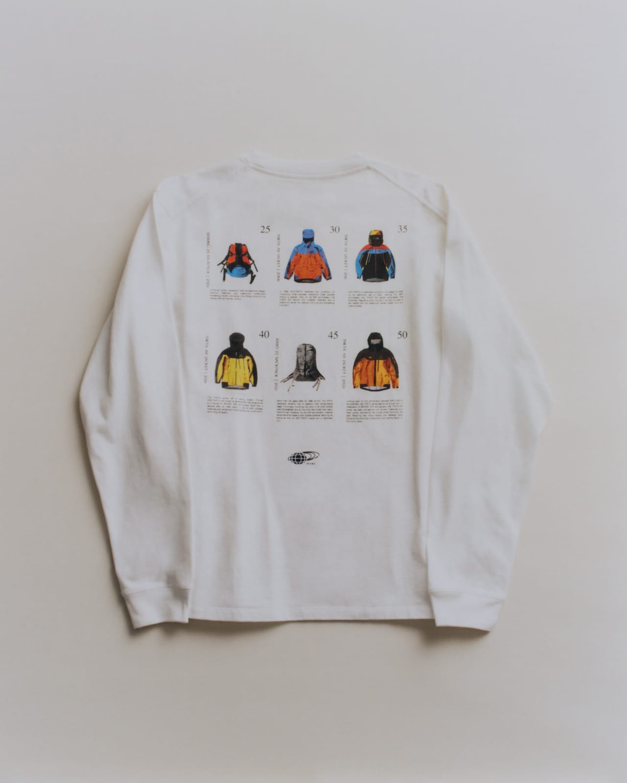 The back of the white ARC'TERYX x BEAMS Kragg long-sleeve tee, printed with six past anniversary jackets and their stories