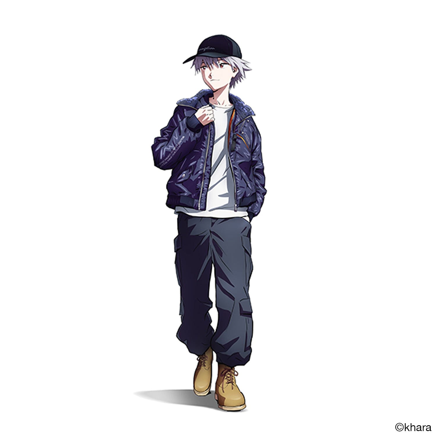 RADIO EVA artwork of Kaworu Nagisa wearing the navy Mark.06 MA-1 over a white tee, with a black cap, cargo pants and tan boots