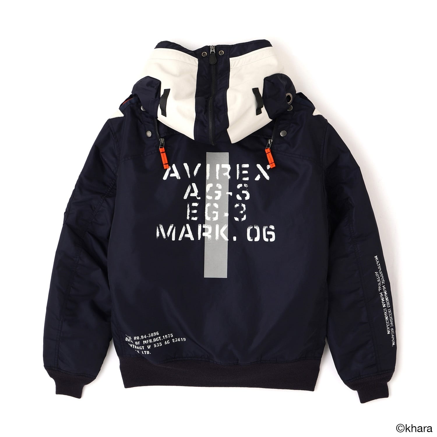 The back of the navy Mark.06 version of the EVANGELION MA-1 REMODEL by AVIREX, stenciled AVIREX and MARK.06 in white over a reflective strip, with a white-and-navy hood