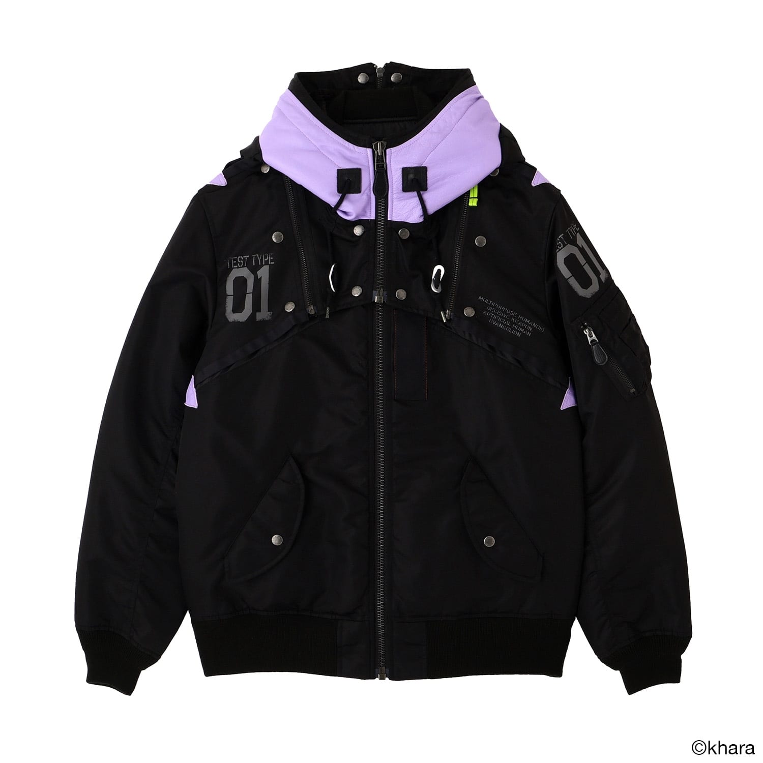 The black Unit-01 version of the EVANGELION MA-1 REMODEL by AVIREX, with a lavender hood and 01 printed on the chest