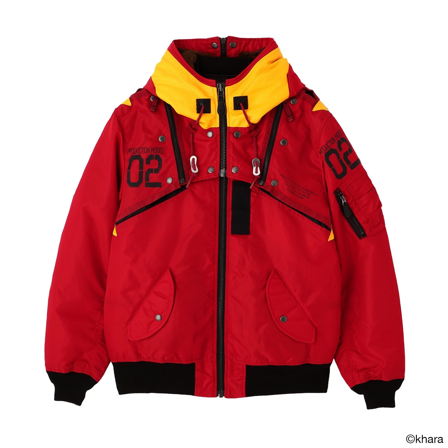 The red Unit-02 version of the EVANGELION MA-1 REMODEL by AVIREX, with a yellow hood and 02 printed on the chest