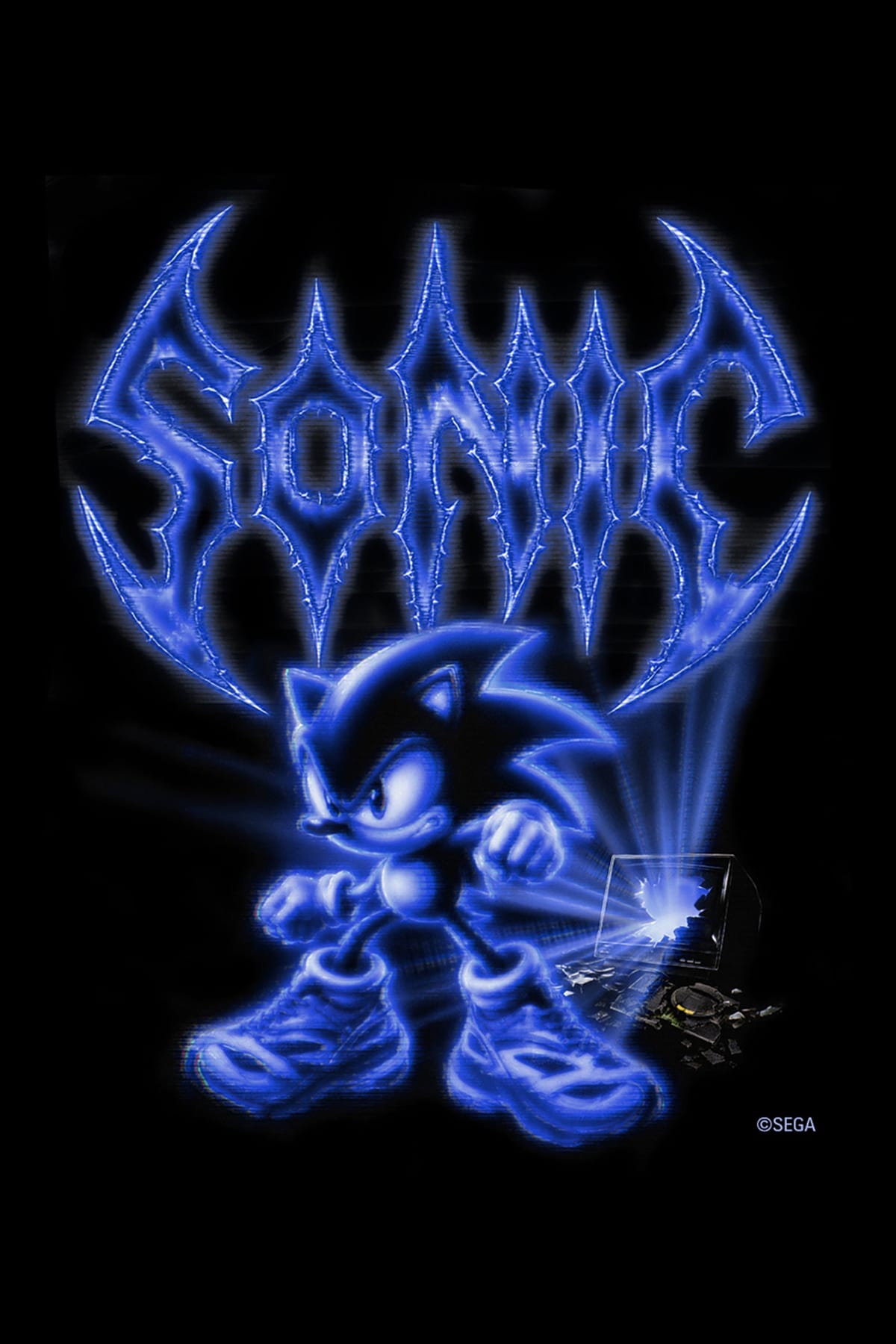 Balenciaga x SEGA campaign artwork: a glowing blue Sonic the Hedgehog in Balenciaga Jet Sneakers, bursting out of a screen as a hologram under heavy-metal SONIC lettering