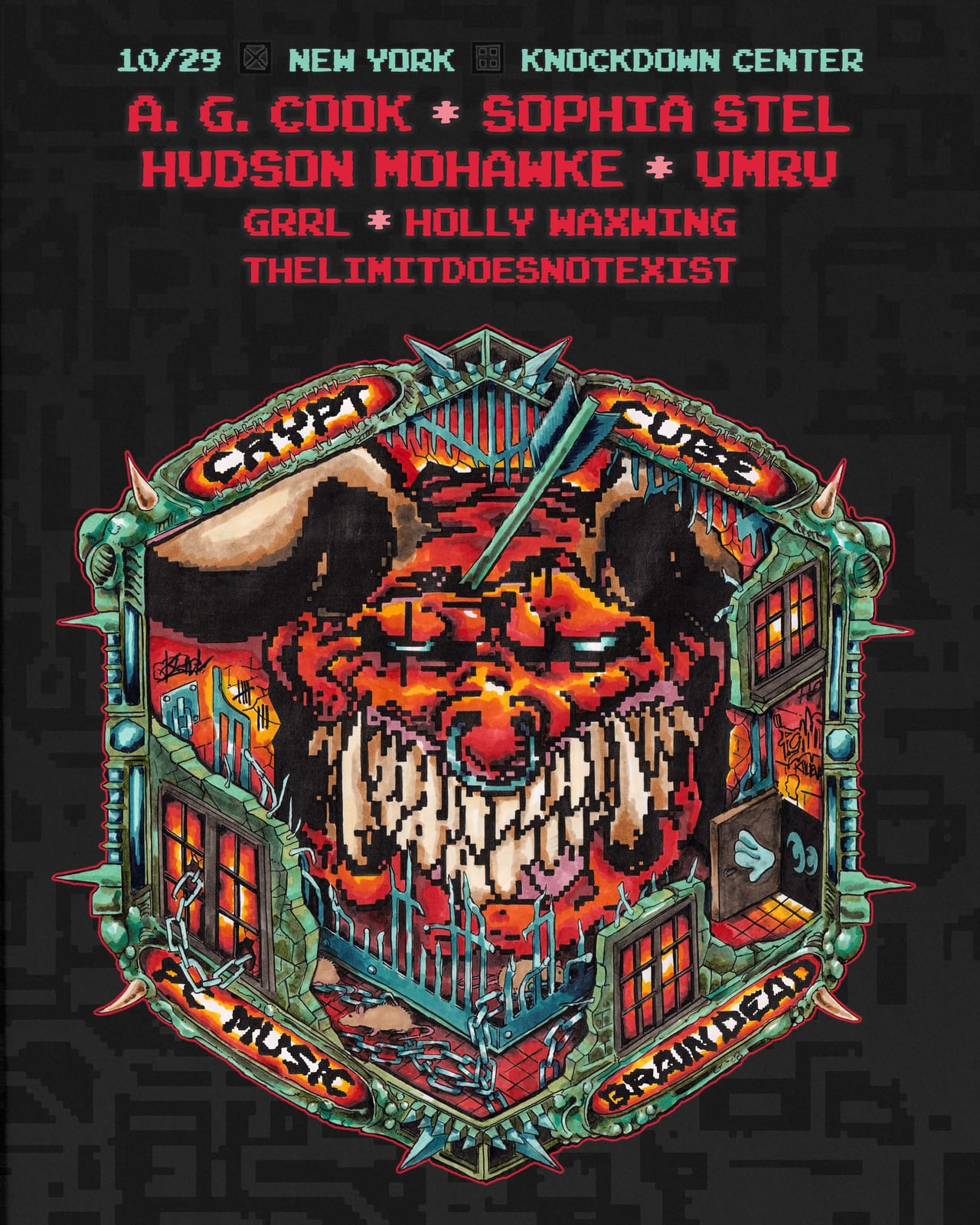 Brain Dead's POP CRYPT: CRYPT CUBE poster for New York, October 29 at Knockdown Center, listing A. G. Cook, Sophia Stel, Hudson Mohawke, umru, GRRL, Holly Waxwing and thelimitdoesnotexist above a red horned creature in the cube crest