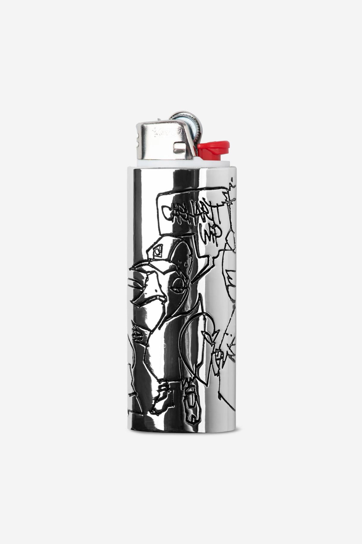 A polished silver lighter case fitted over a BIC lighter with a red tab, engraved with a black line drawing of a duck in a baseball cap and sneakers beside a speech bubble reading 'Carhartt WIP'