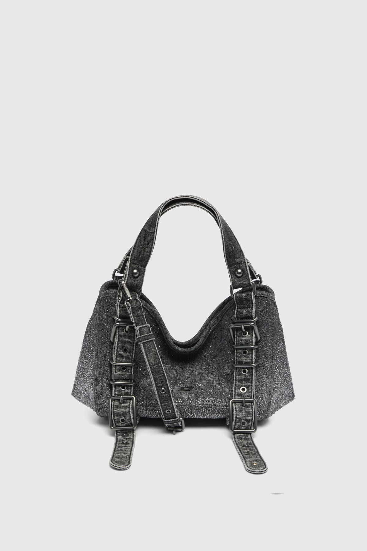The Diesel D-One Small top-handle bag in crystal solarised black denim, covered in small crystals and fitted with buckled denim straps and matte black hardware