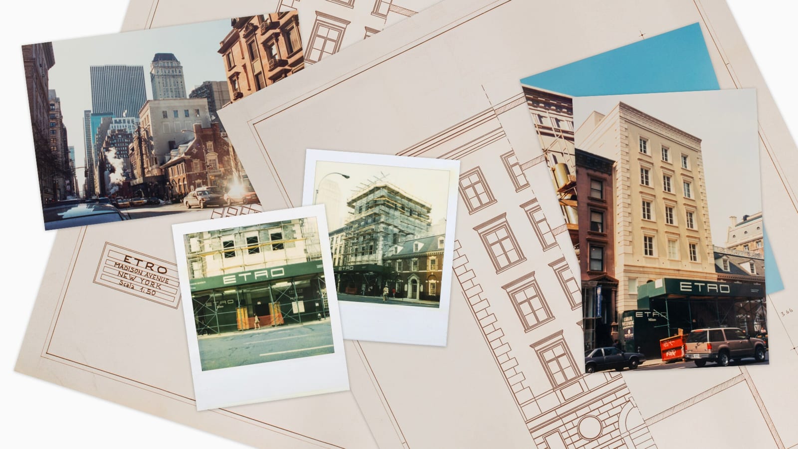 Archive photos and Polaroids of the Etro store on Madison Avenue, including the building under scaffolding and the green ETRO awning, laid over an architectural drawing of the facade labelled ETRO, Madison Avenue, New York