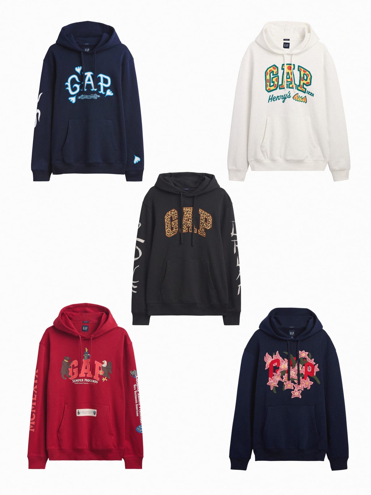 Five Gap hoodies laid out on white: a navy one with a light-blue hand-drawn GAP, a white one with a pizza-patterned GAP and Henry's script, a black one with a leopard-print GAP, a red one with GAP between a bear and an eagle, and a navy one with GAP set in pink flowers
