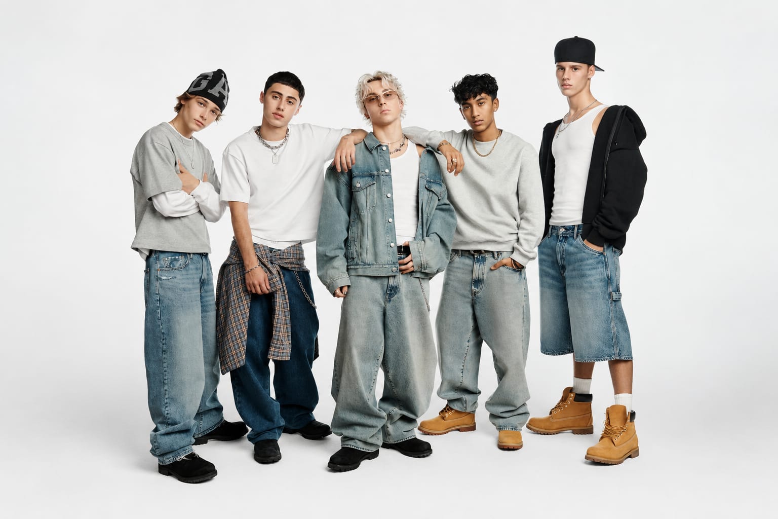 The five members of JYT standing together in Gap denim jackets, jeans and shorts, styled with beanies, tank tops and layered flannel