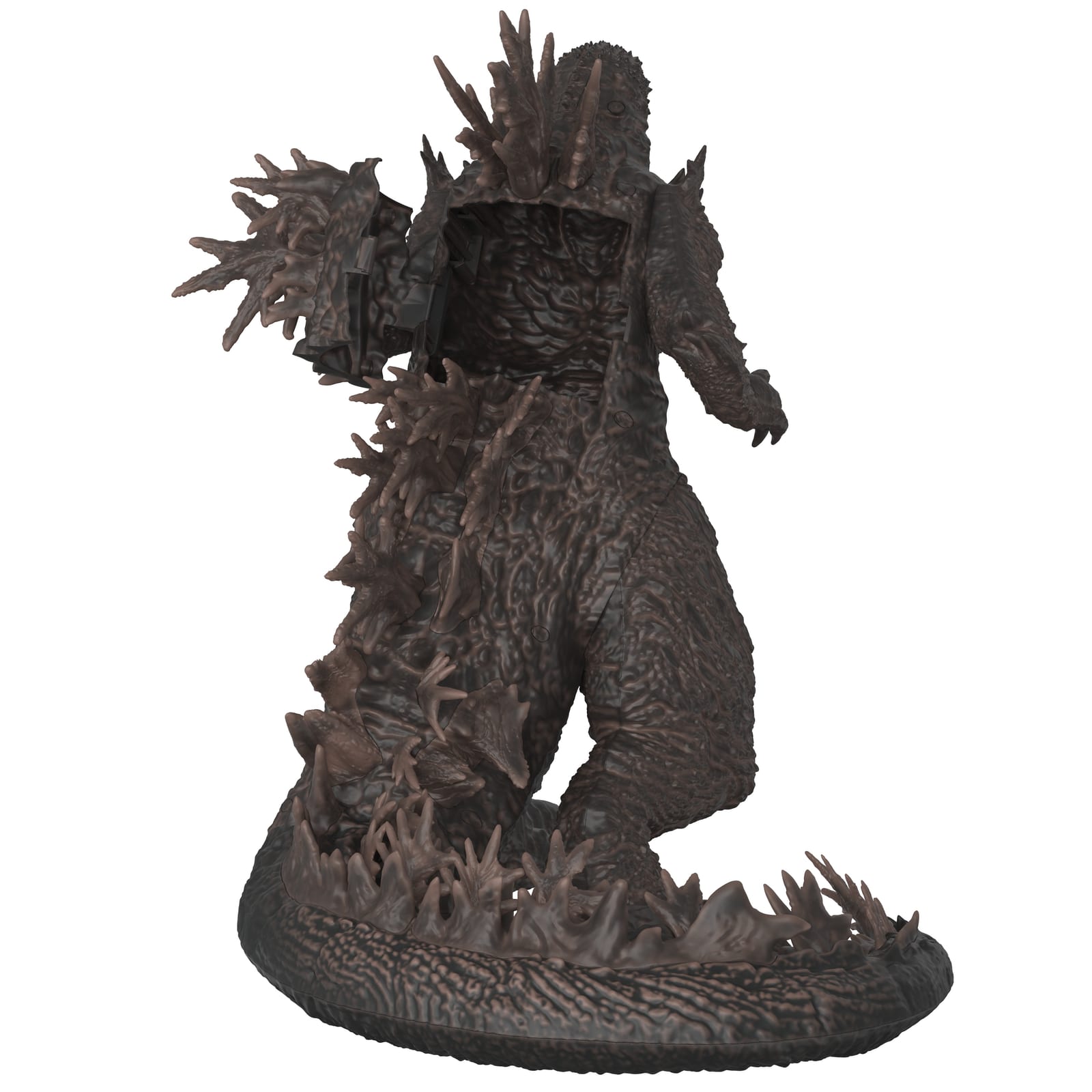 The back of the Godzilla Minus Zero popcorn bucket, showing the opening for popcorn between the shoulders, rows of jagged dorsal fins and the base of the tail
