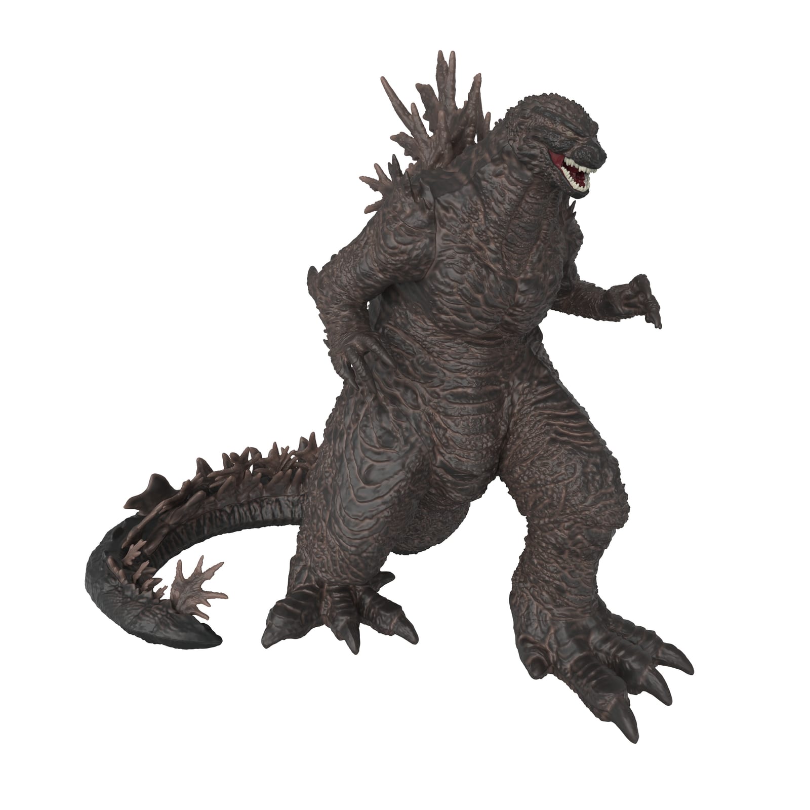 The Godzilla Minus Zero popcorn bucket: a full-body Godzilla sculpt in dark brown-grey with jagged dorsal fins, an open red mouth and a long curled tail, on a white background