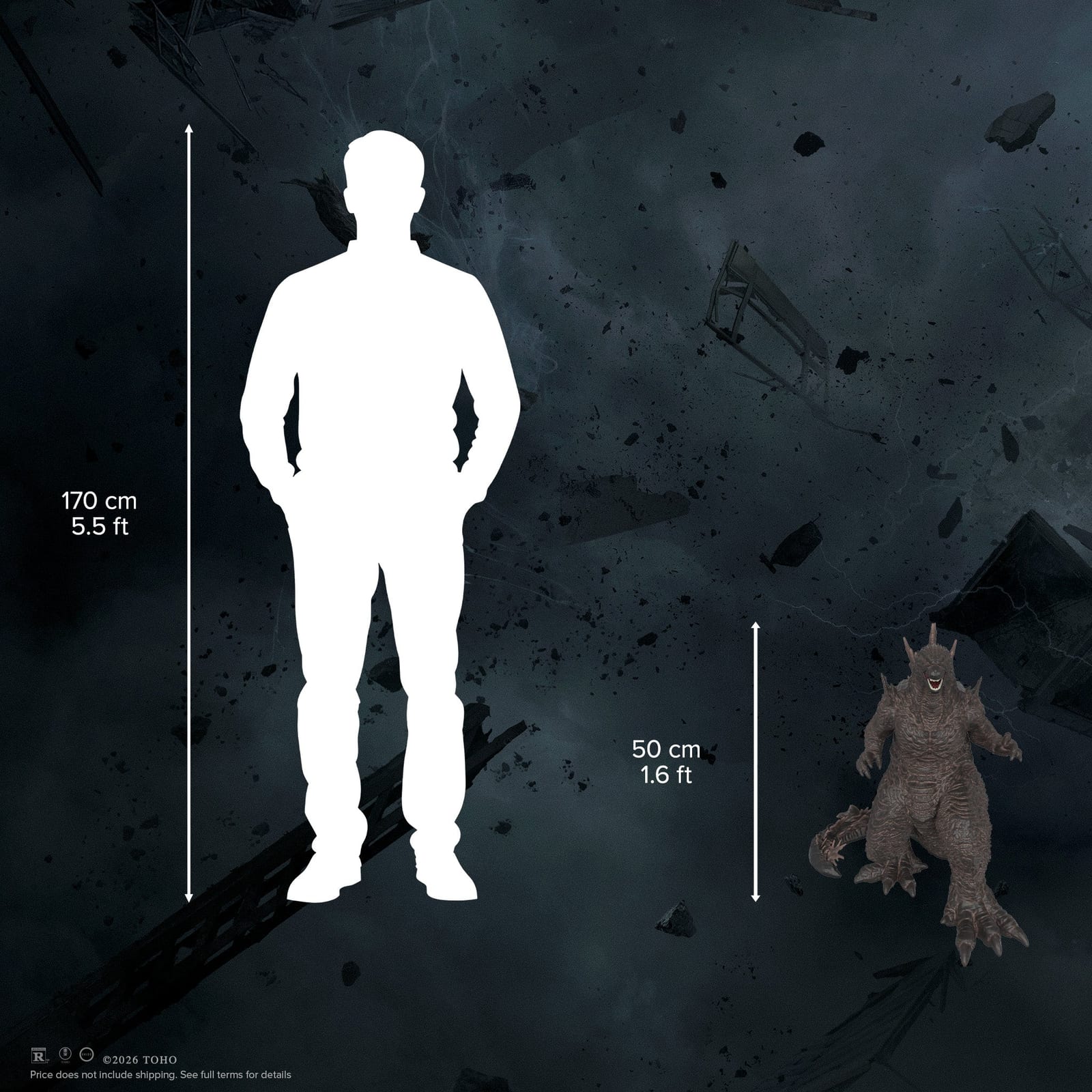 Fandango's scale graphic for the Godzilla Minus Zero popcorn bucket: a 50 cm (1.6 ft) Godzilla beside the white silhouette of a 170 cm (5.5 ft) person, against a dark stormy background