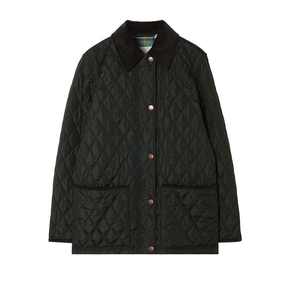 The Highgrove x Burberry Broadway Quilt Jacket in dark green diamond-quilted nylon, with a brown corduroy collar, snap buttons, corduroy-trimmed patch pockets and a check lining at the neck