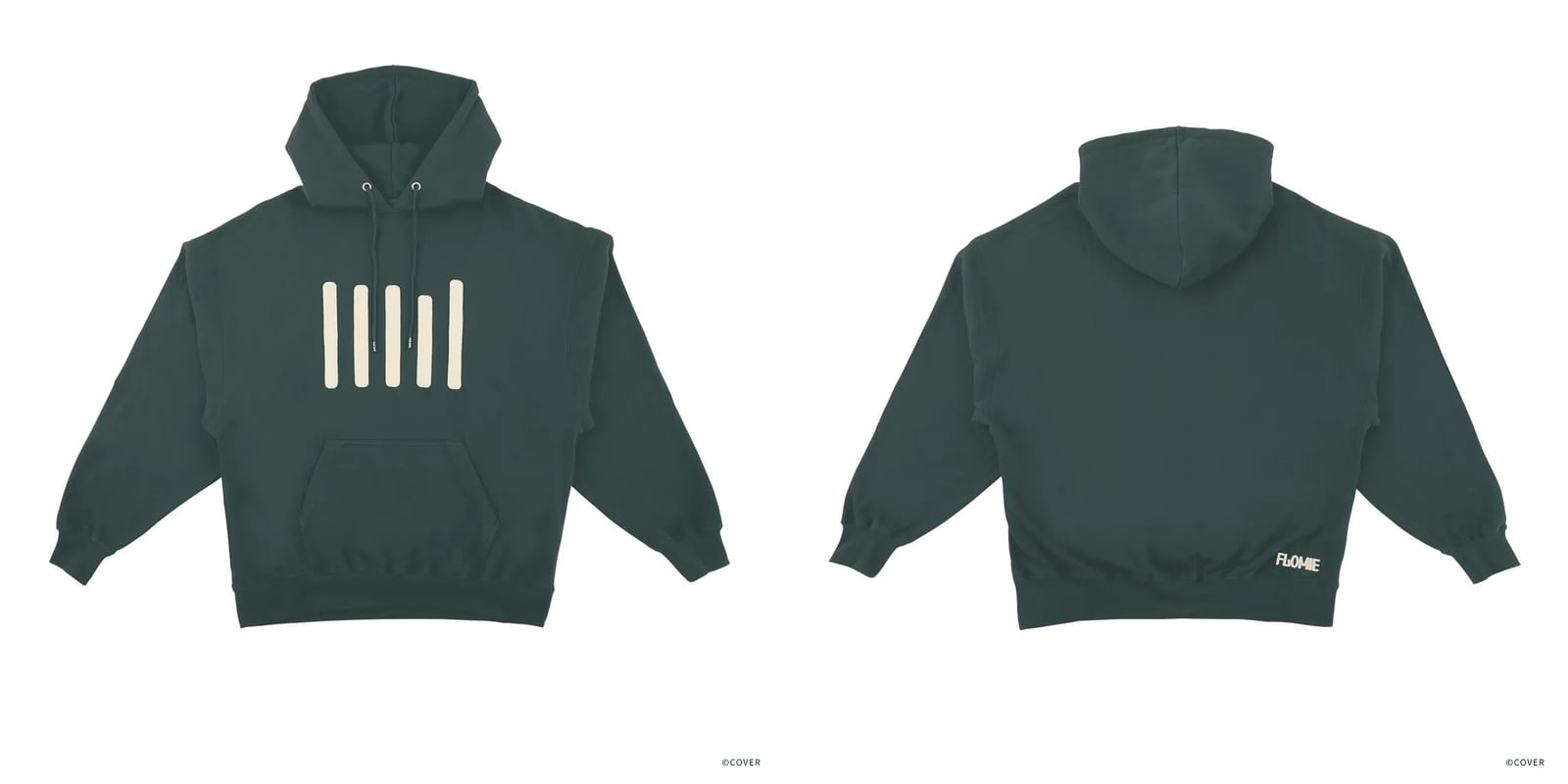 Front and back of a dark green pullover hoodie with five raised cream vertical bars on the chest and a small cream logo at the lower back hem