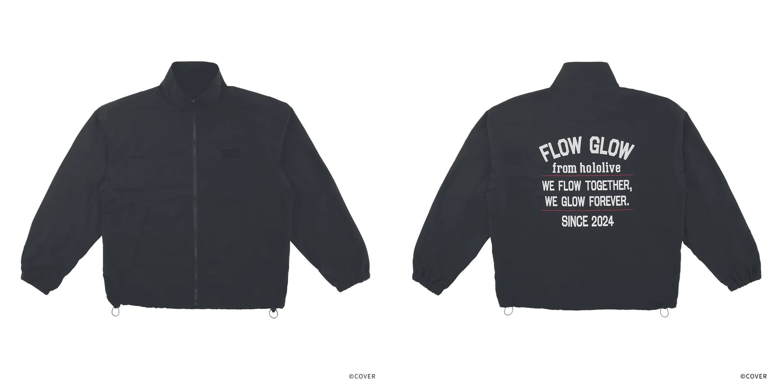 Front and back of a black nylon track jacket with a stand collar and drawcord hem, the back embroidered in white and red with FLOW GLOW from hololive, We flow together, we glow forever, Since 2024