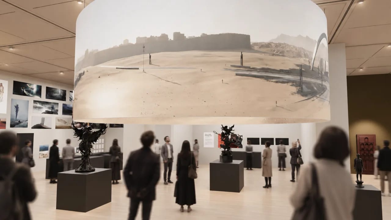 The studio's rendering of the exhibition's centre: a huge circular screen hanging overhead showing a desert landscape, with dark sculpted statues on plinths, concept art on the walls and a red door at the far right