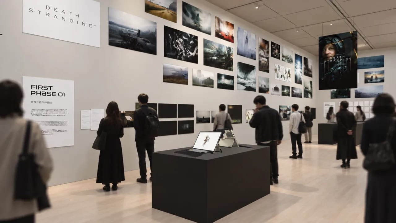 The studio's rendering of the exhibition's First Phase room: a wall of Death Stranding concept art and a hanging poster of Sam, a First Phase 01 panel, and figures around a black plinth with a laptop