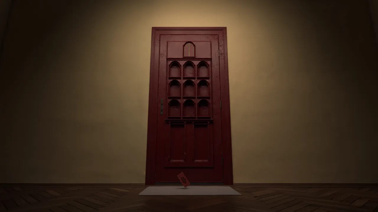 The studio's rendering of the full-size OD - KNOCK red door: a dark red panelled door with rows of small arched recesses, lit against a bare wall above a herringbone floor, a red card falling onto the mat below it