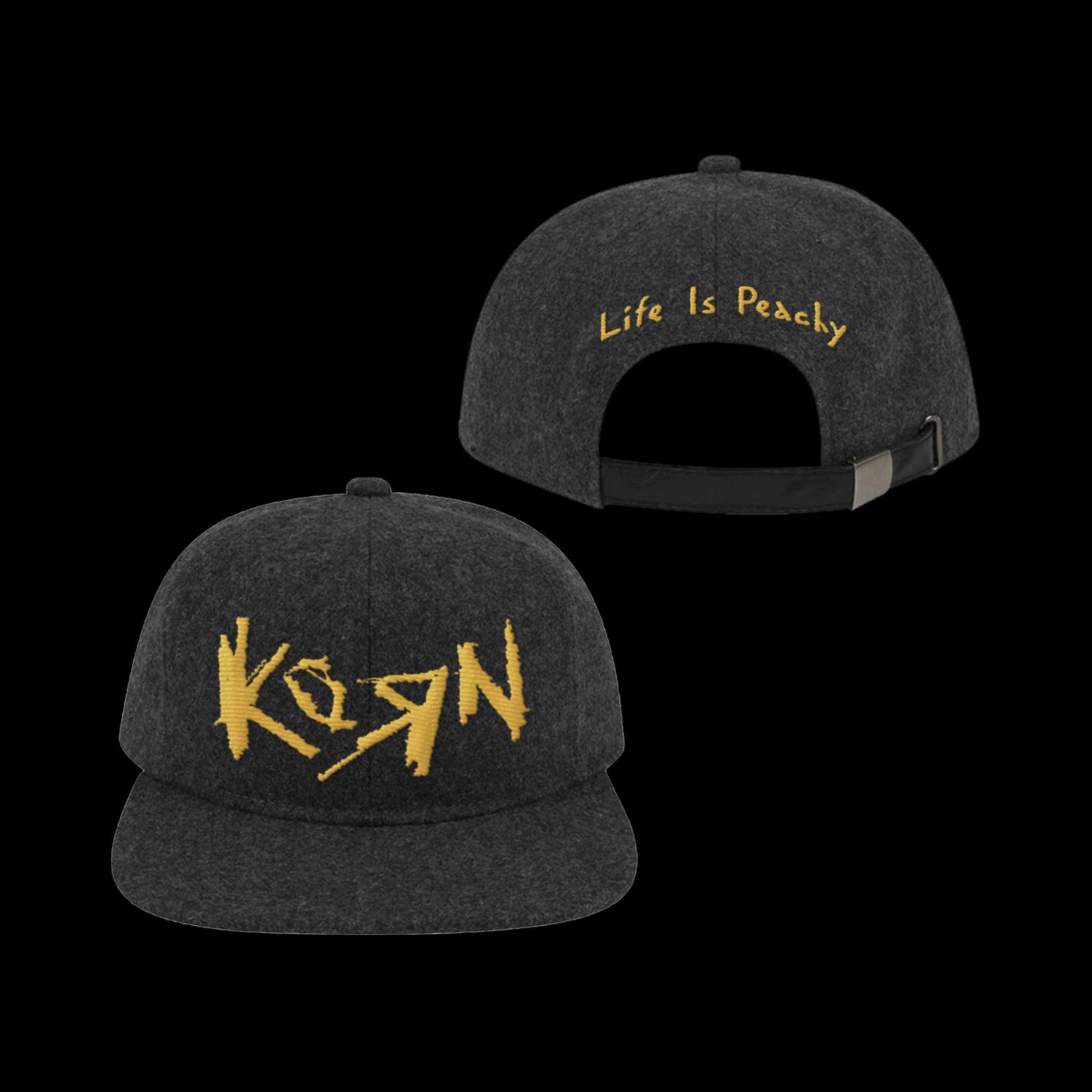 Front and back of a charcoal wool cap, the Korn logo embroidered in gold across the front and Life Is Peachy in gold script above a black leather buckle strap at the back