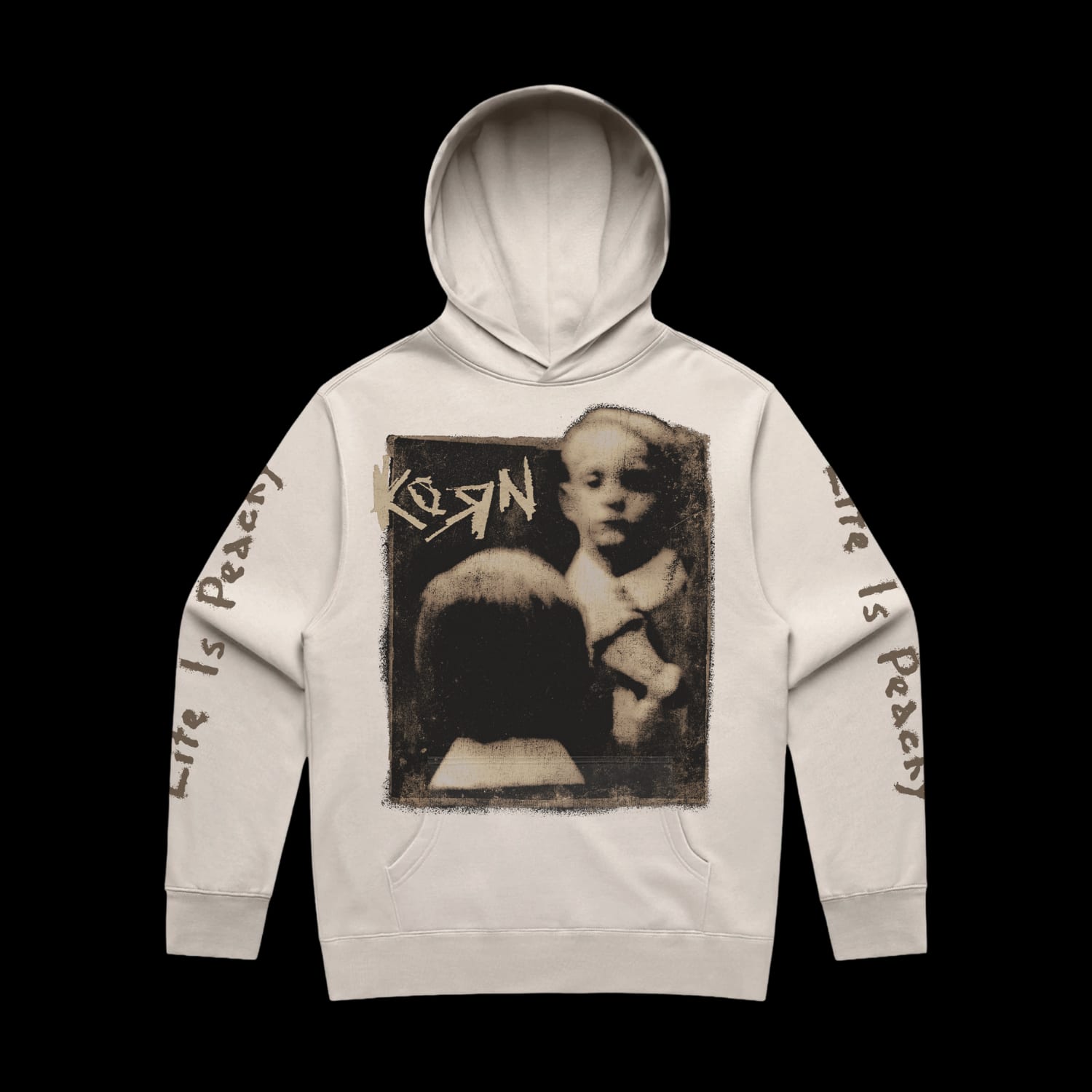 A bone-coloured pullover hoodie printed on the front with a sepia photo of two small children, one facing the camera, with the Korn logo in the corner, and Life Is Peachy written in brown down both sleeves