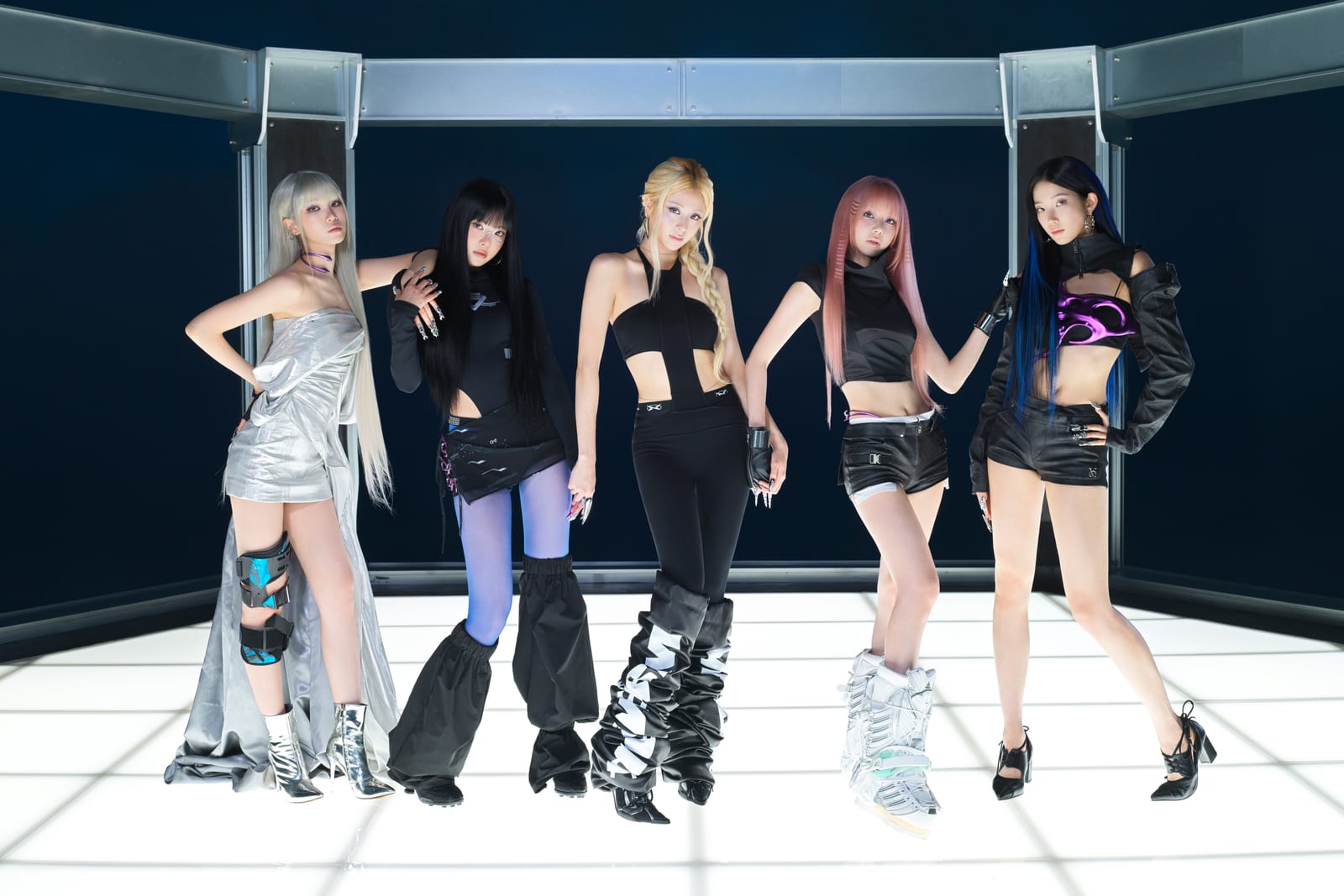 LE SSERAFIM's five members in the steel-frame set from the group's official Made My Night concept photos