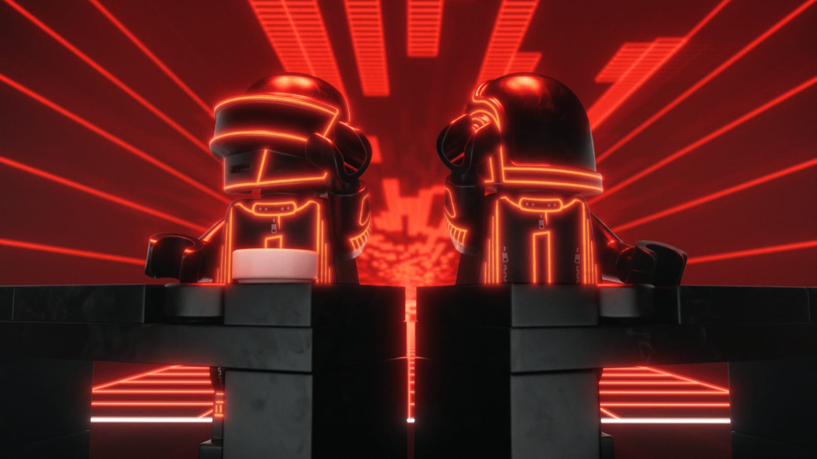 Two LEGO minifigures of Daft Punk in black, red-lit helmets stand behind a black brick-built console, with red light beams fanning out behind them