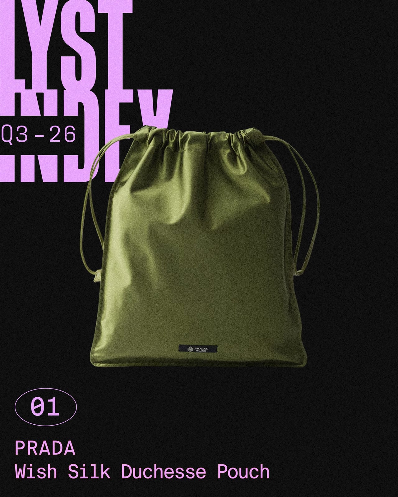 A Lyst Index Q3-26 graphic in lilac and black showing an olive green satin Prada drawstring pouch, labelled 01, Prada, Wish Silk Duchesse Pouch