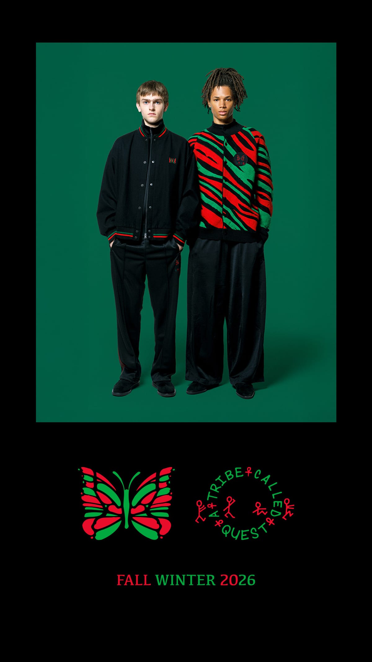 Two models in the Needles x A Tribe Called Quest collection, one in the black B.B. Jacket and one in the striped cardigan, above the Needles butterfly and the A Tribe Called Quest logo and the words Fall Winter 2026