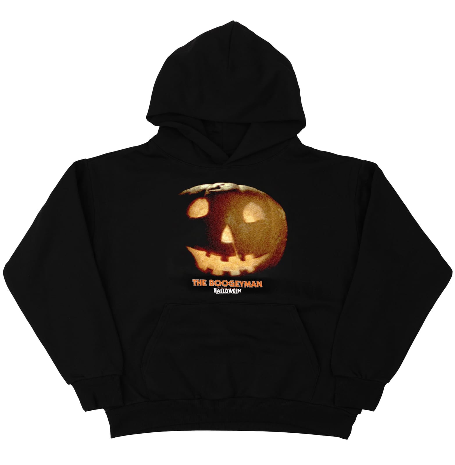 A black hoodie printed on the chest with a glowing carved jack-o'-lantern and the words The Boogeyman and Halloween beneath it