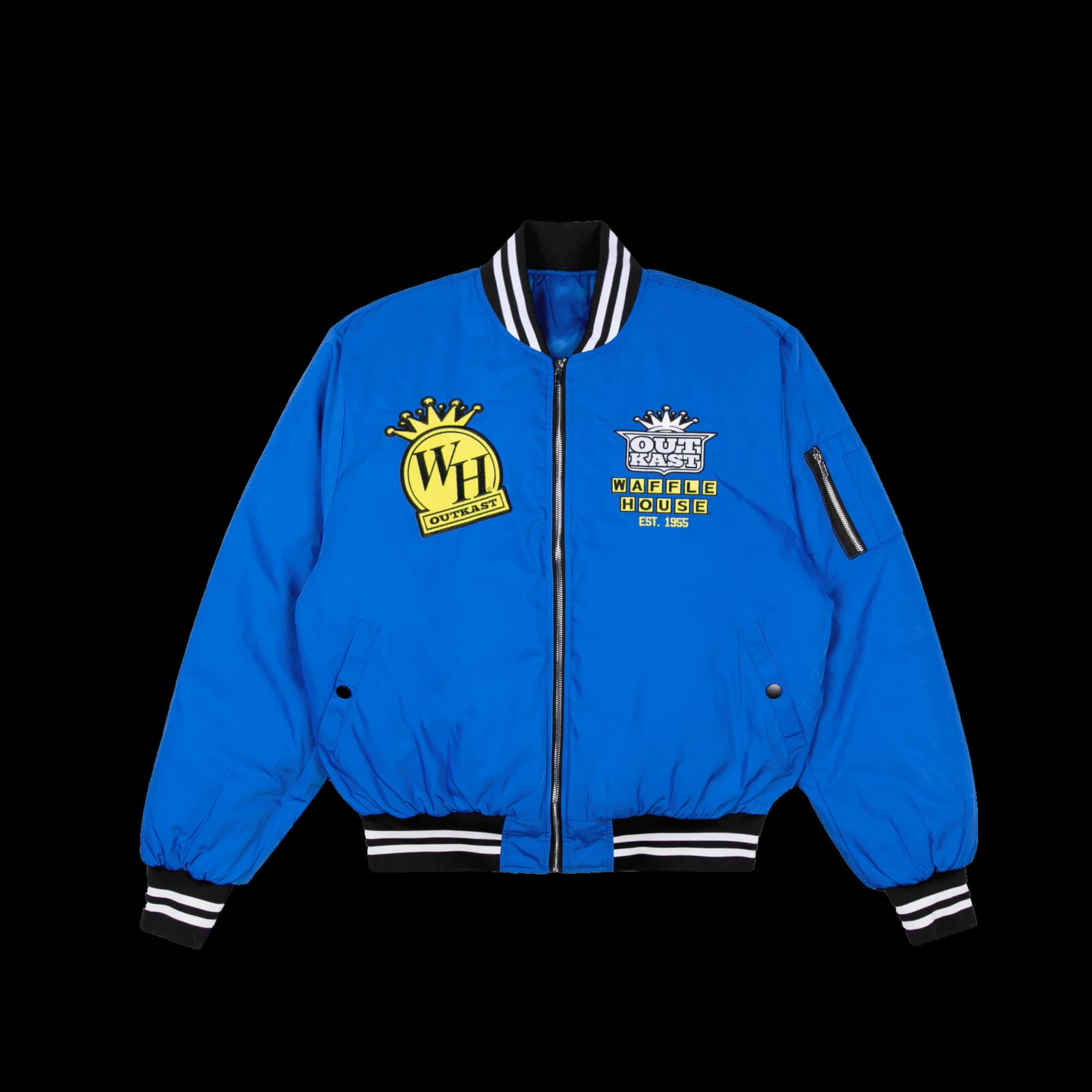A royal blue bomber jacket with a striped collar and cuffs, a yellow Waffle House patch with a crown and an OutKast and Waffle House Est. 1955 logo on the chest