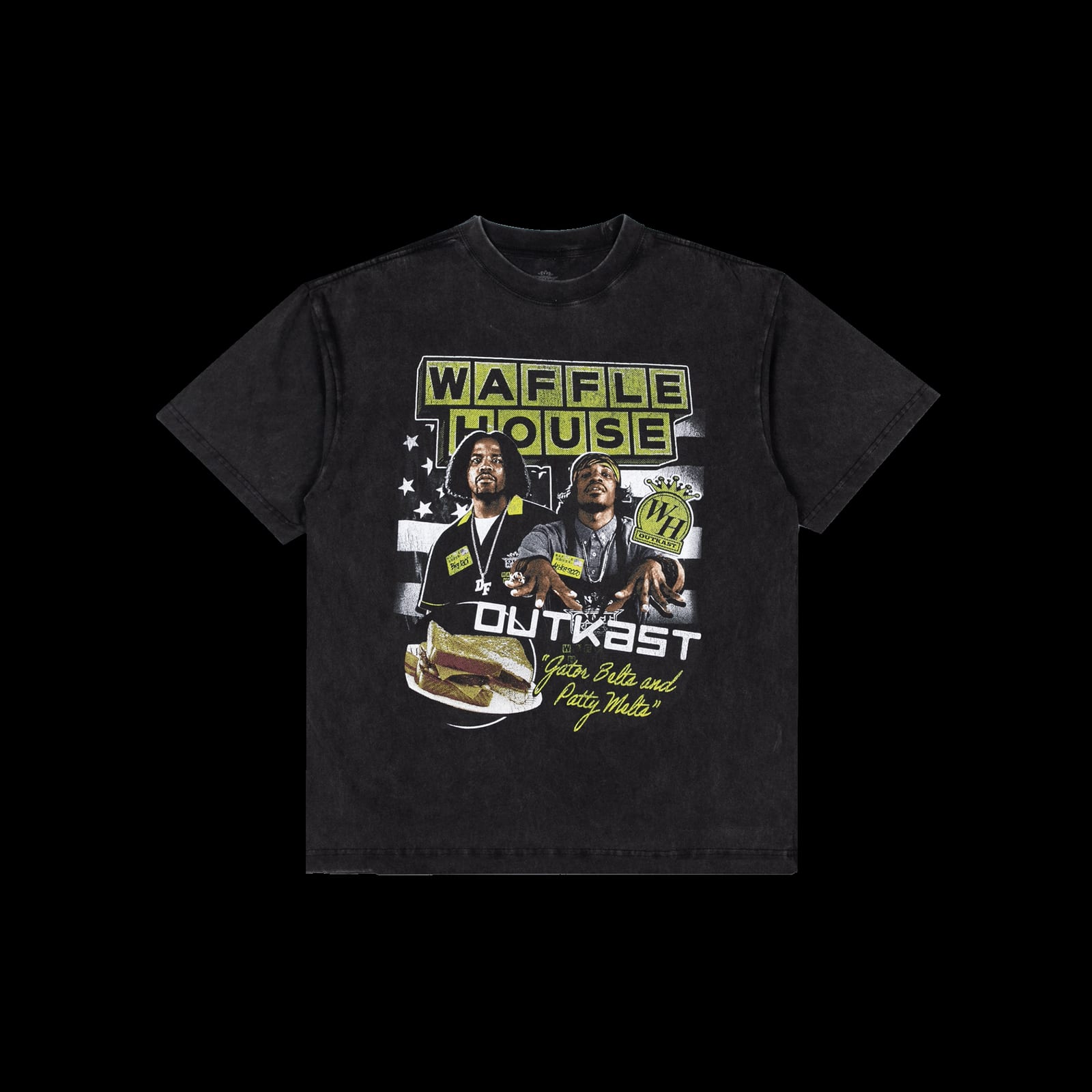 A faded black T-shirt with a Waffle House sign graphic, two men in Waffle House uniforms, a plate of patty melts and the script line Gator Belts and Patty Melts
