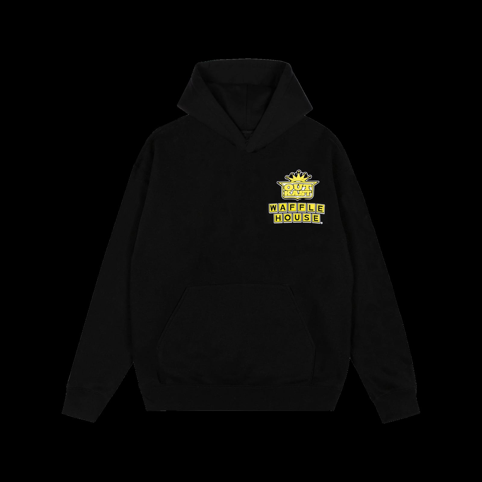 A black hoodie with a yellow OutKast crest above a Waffle House sign logo on the chest