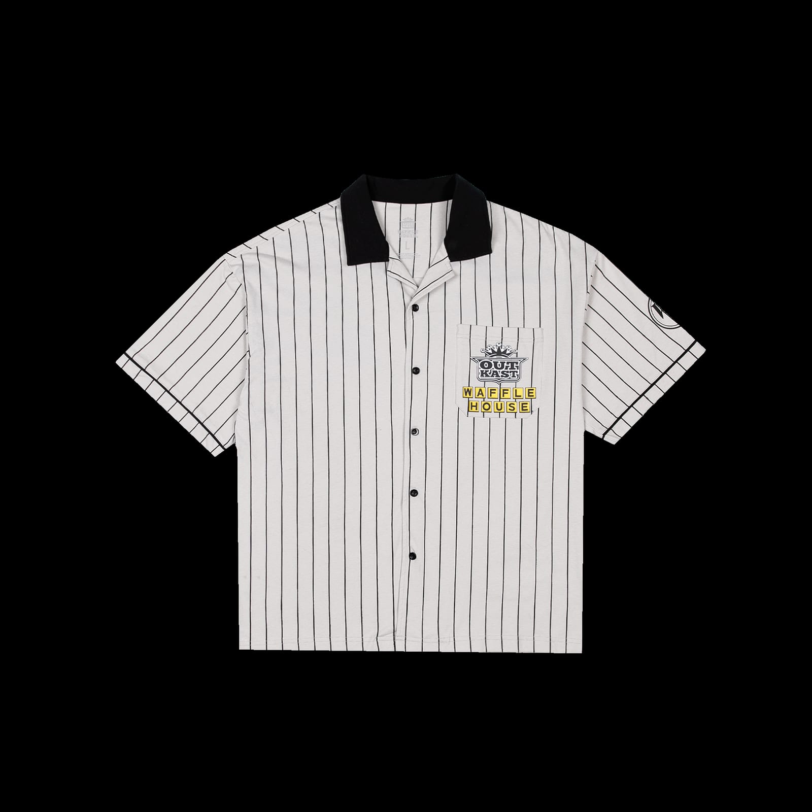 A white short-sleeved shirt with black pinstripes, a black collar and an OutKast and Waffle House logo on the chest pocket