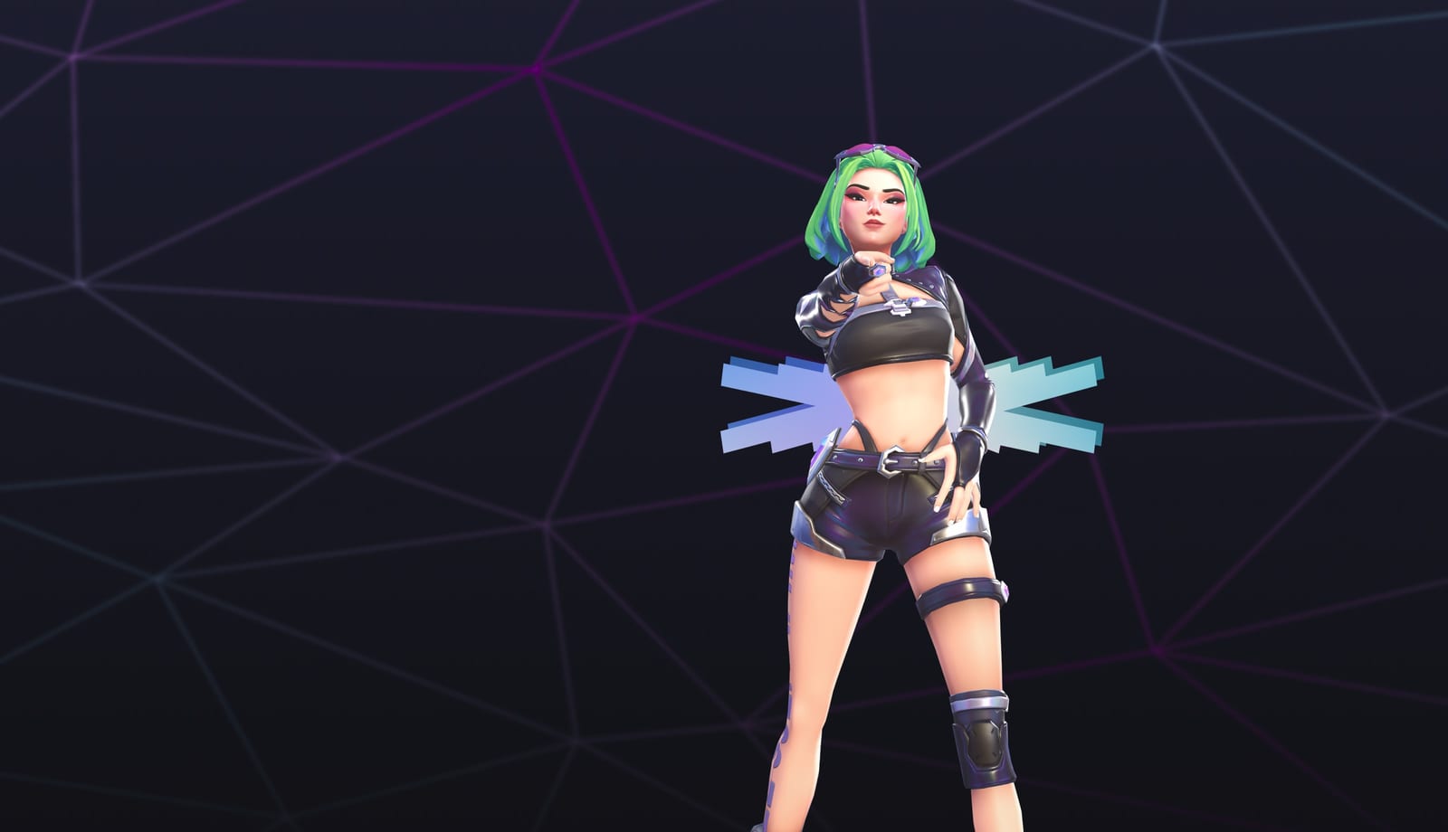 Blizzard's render of Overwatch's Made My Night D.Mon skin: green bob, black crop top and shorts, pointing at the viewer