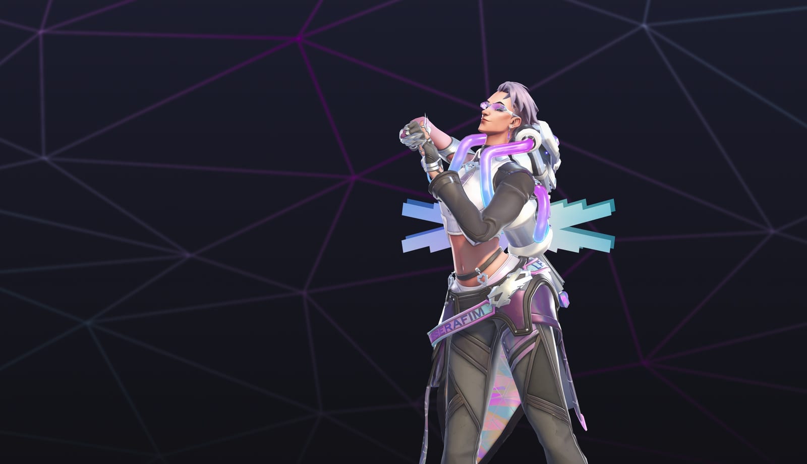Blizzard's render of Overwatch's Made My Night Moira skin: white cropped jacket with glowing purple tubes and a LE SSERAFIM waist strap