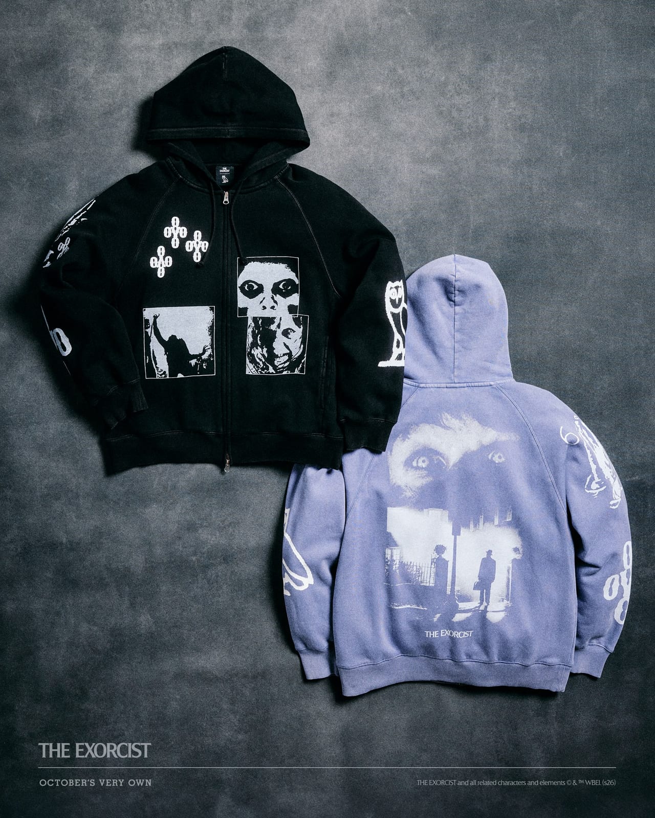 Two OVO zip hoodies on a grey backdrop: a black one printed with stills from The Exorcist, OVO crosses and an owl on the sleeve, and a lilac-toned Granite Blue one showing the film's lamppost poster image and THE EXORCIST across the back