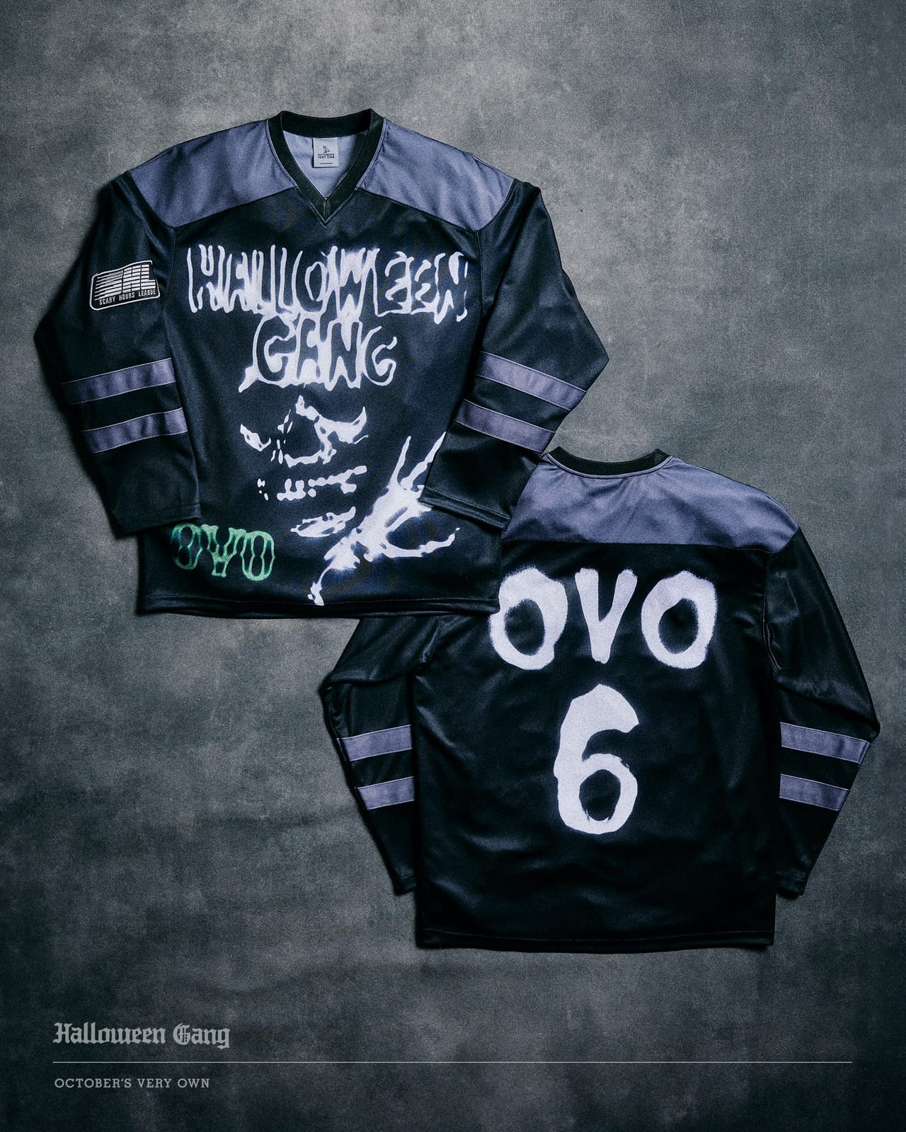 Front and back of a black and grey OVO hockey jersey: the front reads Halloween Gang in dripping white letters over a skull, with a Scary Hours League patch on the sleeve, and the back reads OVO 6