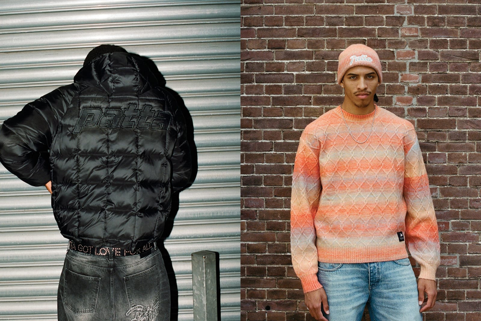 Two photos side by side: from behind, a model in a hooded black quilted puffer jacket with the Patta wordmark stitched across the back, standing against a metal shutter, and a model against a brick wall in an orange, peach and grey space-dyed cable-knit sweater with a peach Patta beanie