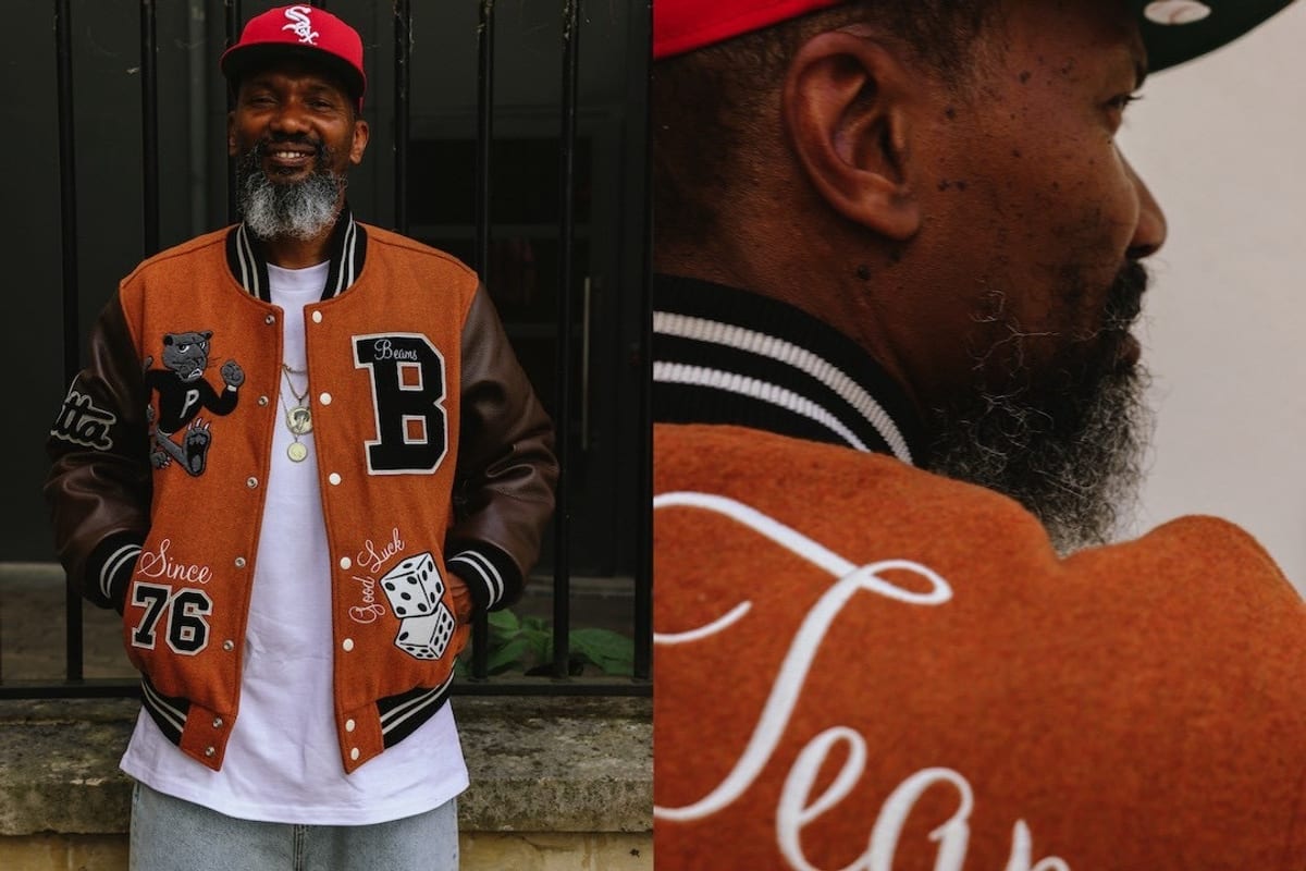 Two photos side by side: a smiling man with a grey beard in a red White Sox cap, a white T-shirt and the rust-orange varsity jacket with brown leather sleeves, its front patches a panther with a P, a 'B' with 'Beams', 'Since 76' and dice reading 'Good Luck'; and a close-up of his profile above the jacket's striped collar and the white 'Team' script on its back