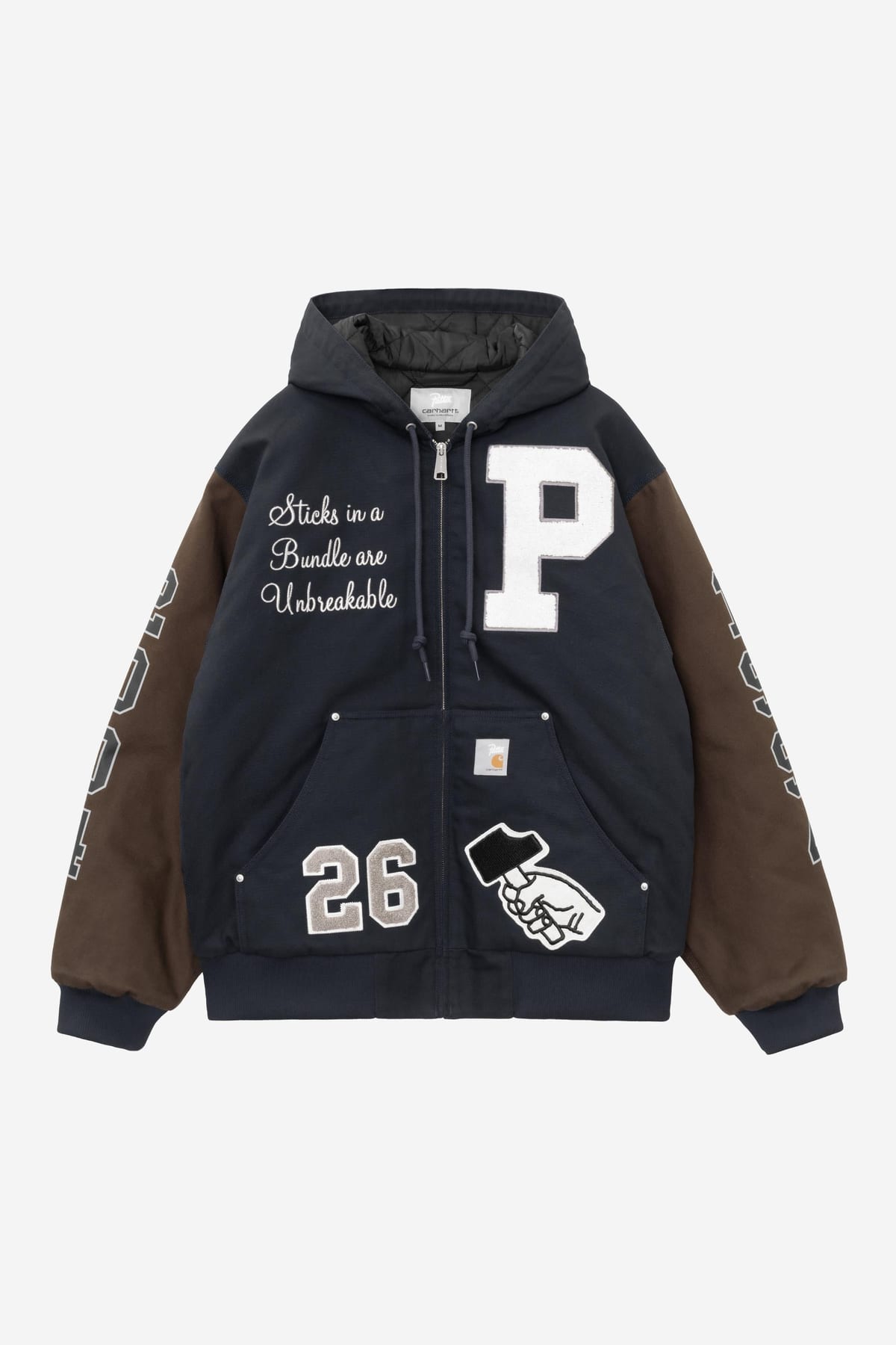 The Patta x Carhartt WIP OG Active Jacket in dark navy canvas with brown sleeves, a white chenille P on the chest, 'Sticks in a Bundle are Unbreakable' stitched in white script, a 26 patch and a patch of a fist gripping a hammer