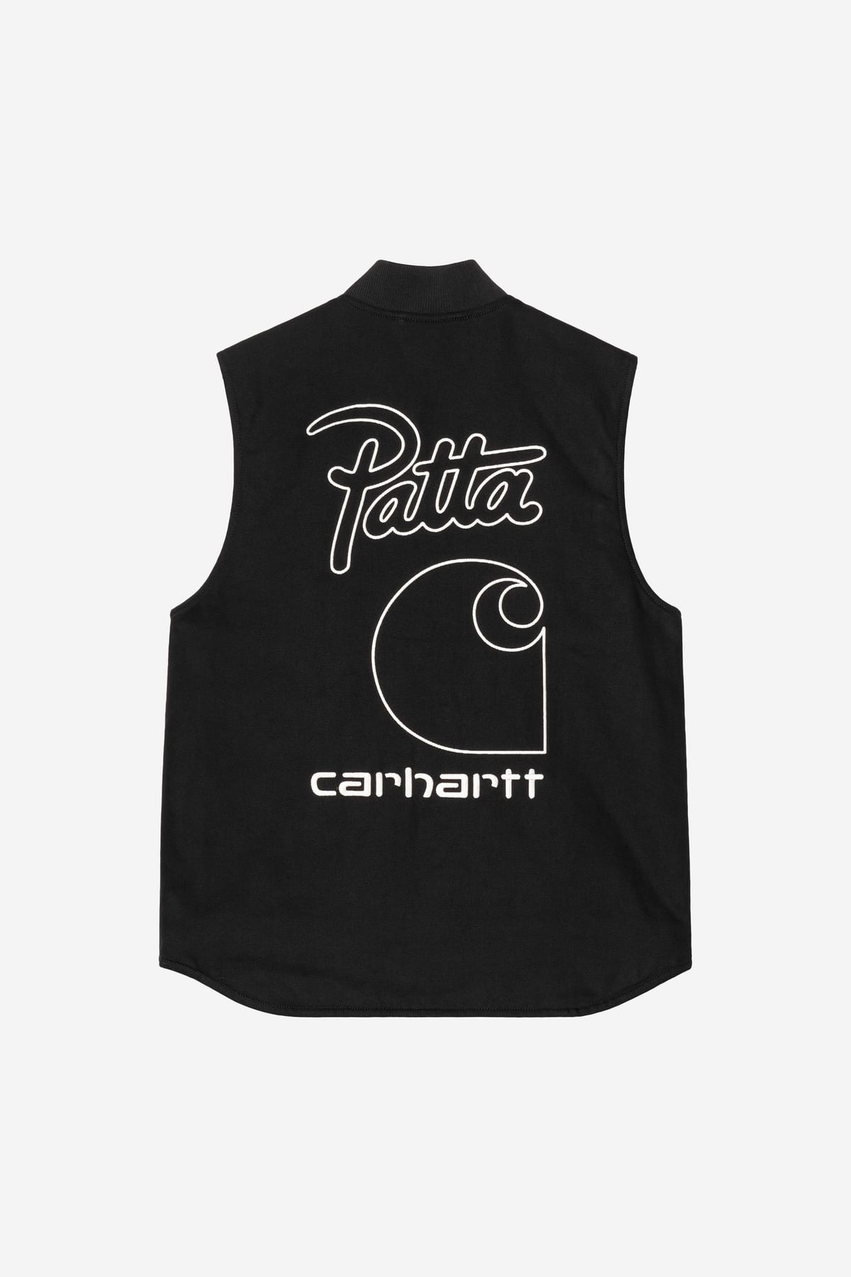 The back of the black Patta x Carhartt WIP Vest, with the Patta script logo, the Carhartt C and the carhartt wordmark in white outline across the back