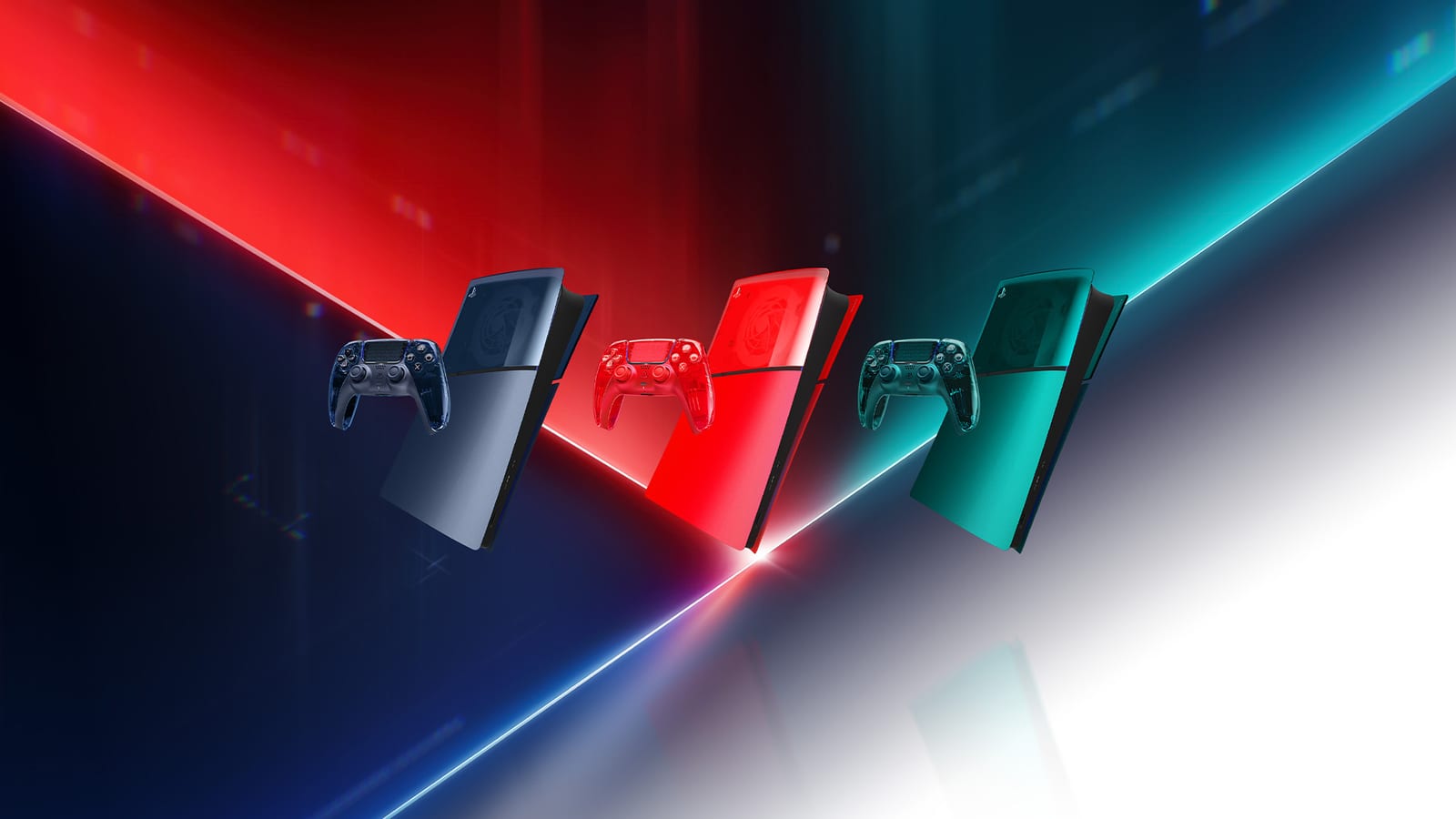 Three transparent DualSense controllers, in dark grey-blue, red-orange and green, each floating beside a PS5 console cover in the same colour, against streaks of blue, red and teal light