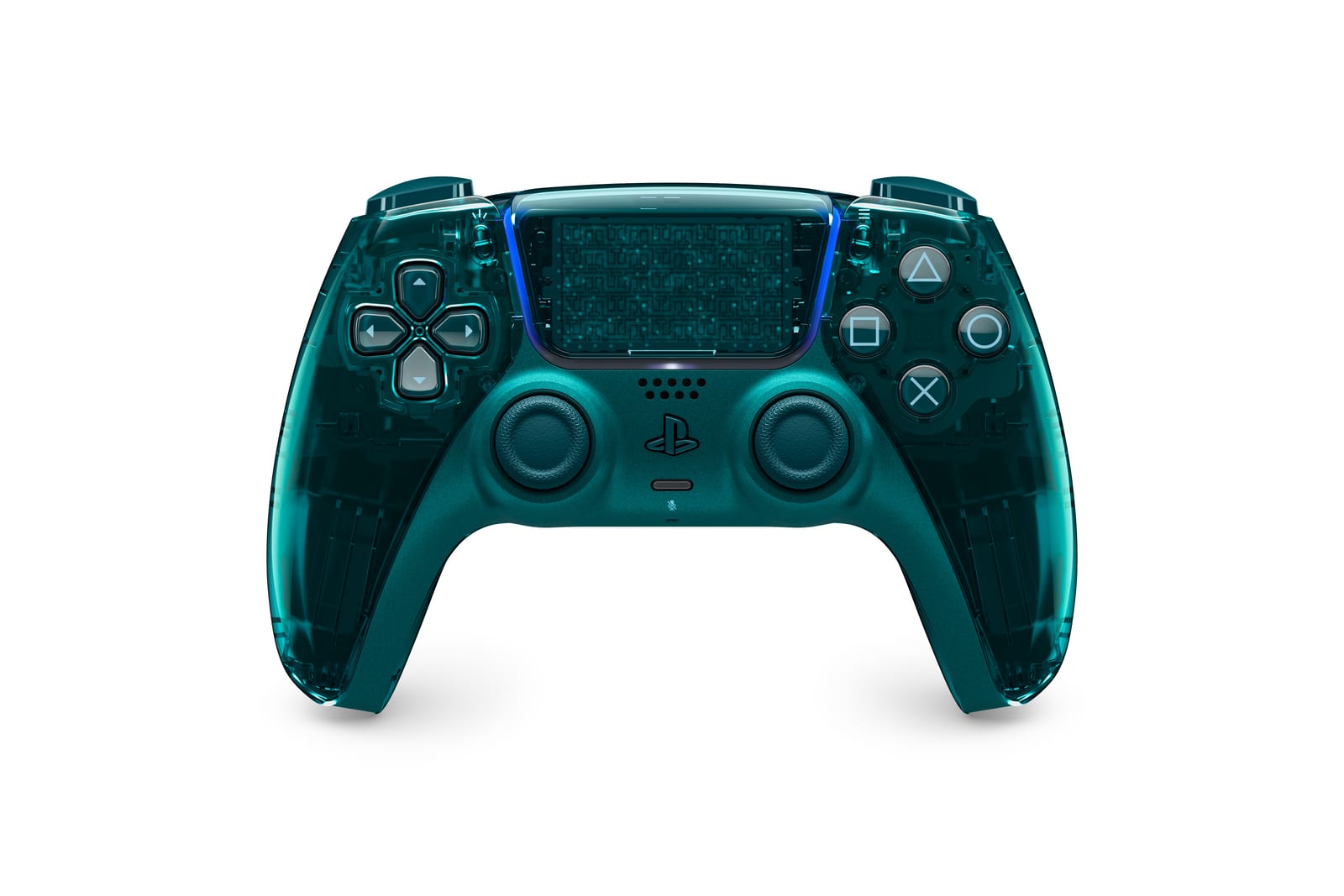 The Emerald Green Prism Collection DualSense controller from the front on white: a clear green shell showing the circuitry under the touch pad and inside the grips, with a solid metallic green centre panel and dark green thumbsticks