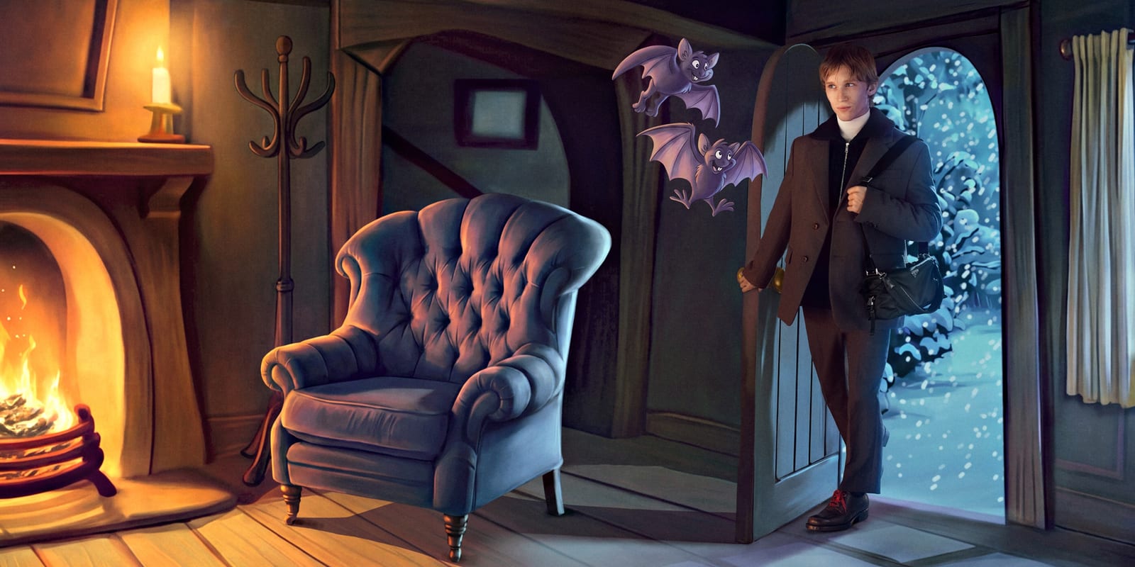 A young man in a brown double-breasted coat over a black zip jacket and white roll-neck, a black Prada nylon bag on his shoulder, steps through the door of a hand-drawn cottage from a snowy night, with two cartoon bats flying past, a tufted armchair and a lit fireplace